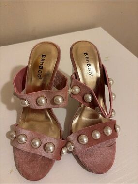 BAMBOO Pink Velvet Slide Heels with Pearl Accents